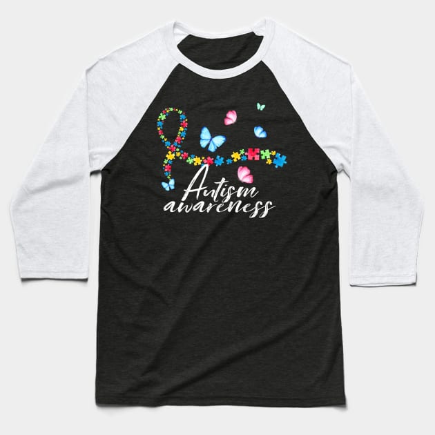 Autism Awareness Ribbon Butterfly Gift Baseball T-Shirt by Lones Eiless